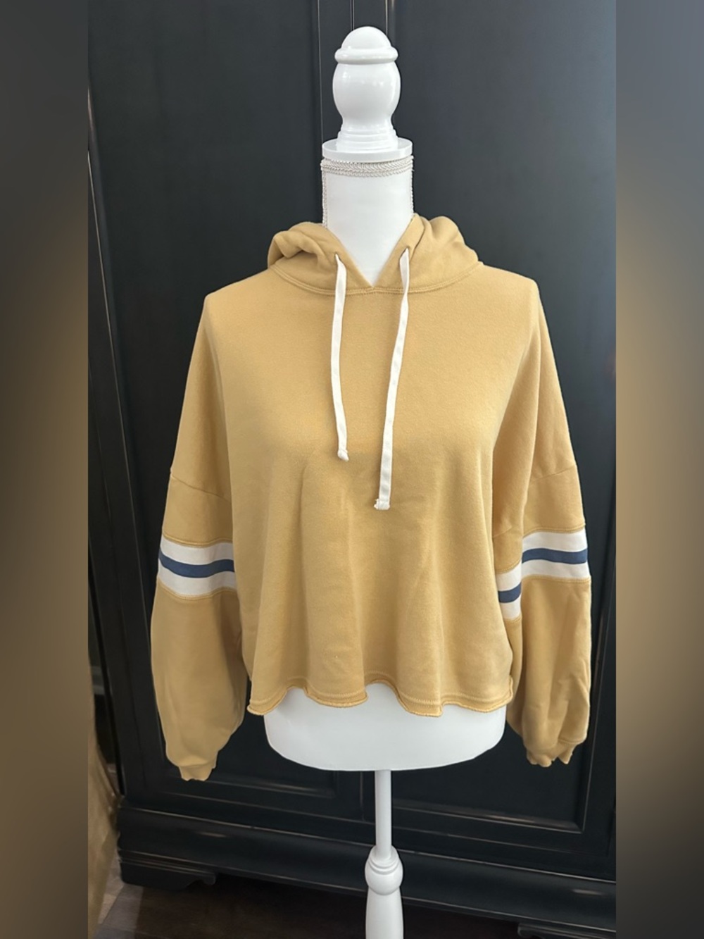 Super soft Mustard Hooded Sweatshirt intentionally distressed hood and cuffs